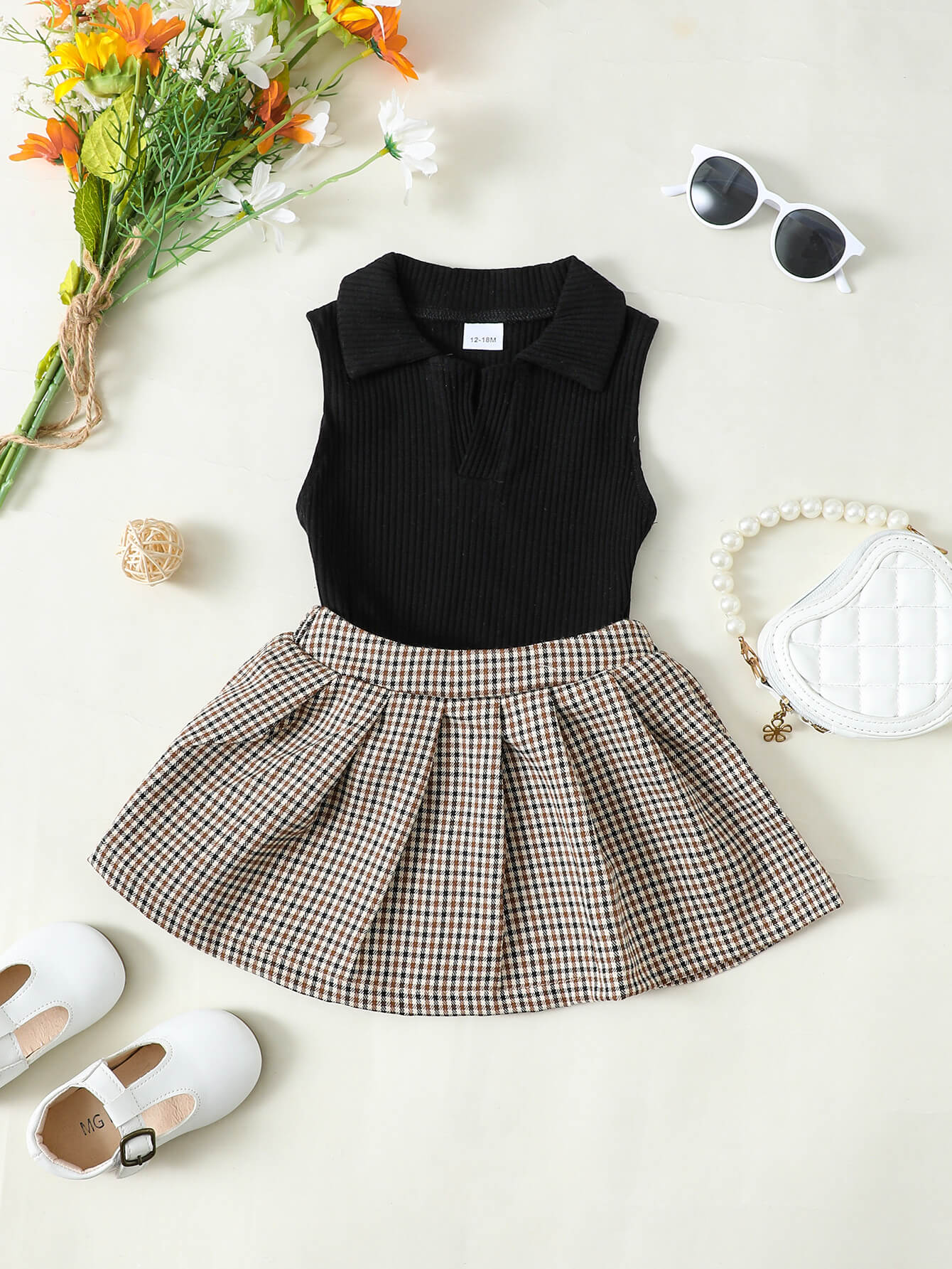 Girls Ribbed Sleeveless Top and Plaid Skirt Set - nailedmoms