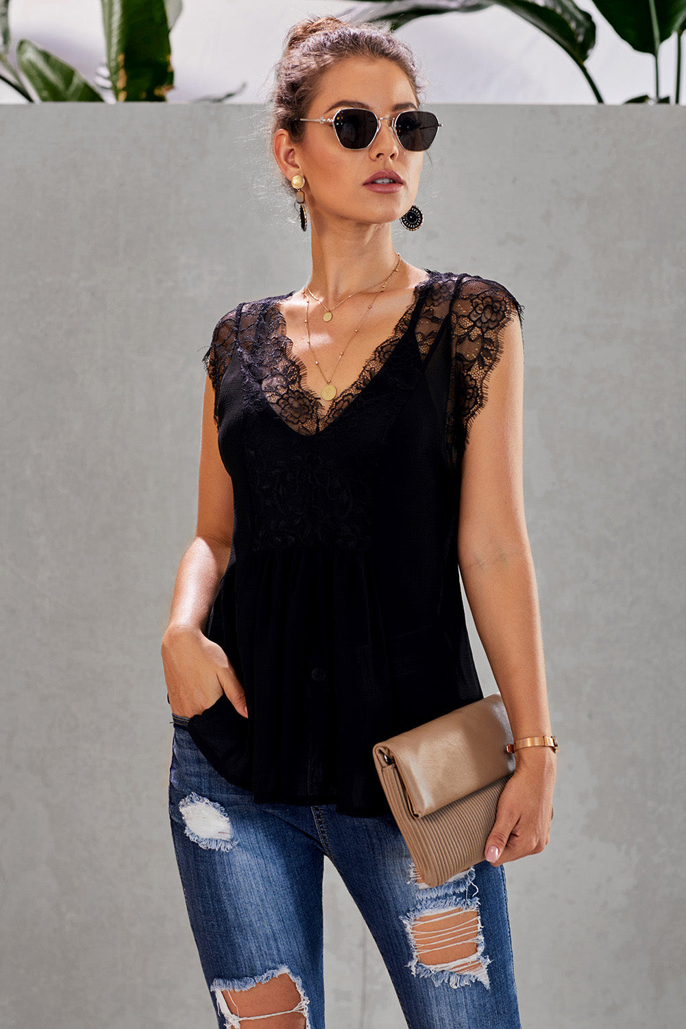 Eyelash Trim Spliced Lace V-Neck Tank - nailedmoms