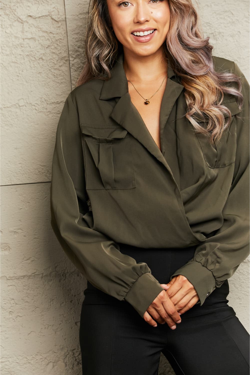 Lapel Collar Long Sleeve Blouse - nailedmoms