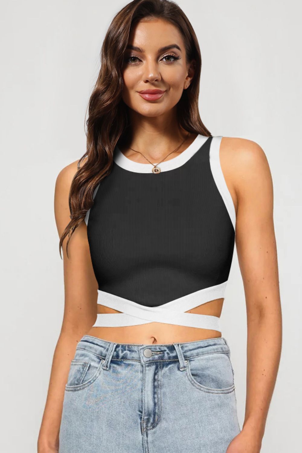 Contrast Tie Back Round Neck Tank - nailedmoms