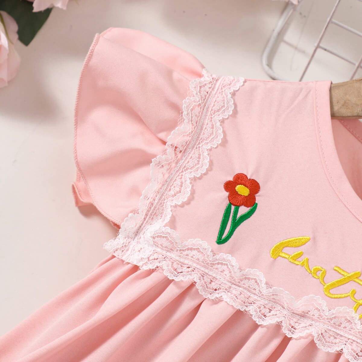 Girls Embroidered Lace Trim Round Neck Dress - nailedmoms