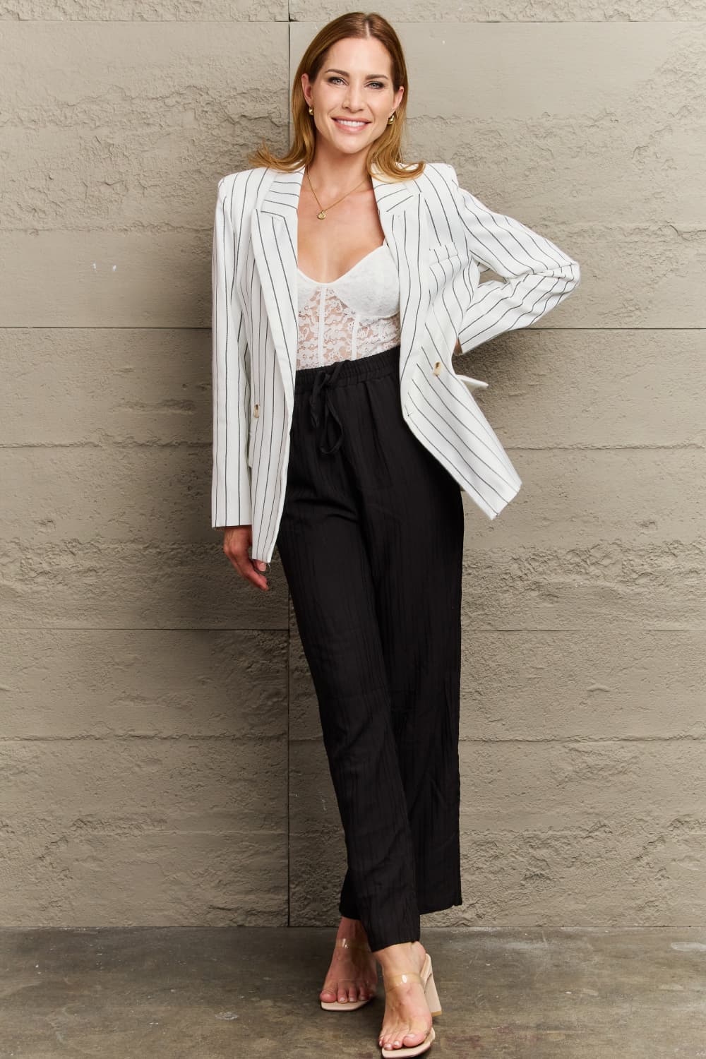 Striped Lapel Collar Long Sleeve Blazer - nailedmoms