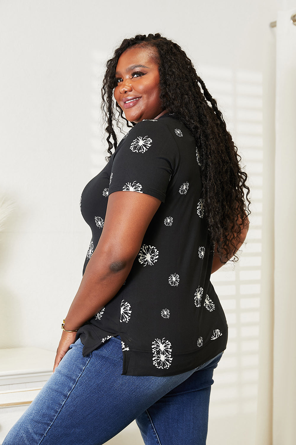 Double Take Dandelion Print Round Neck T-Shirt - nailedmoms