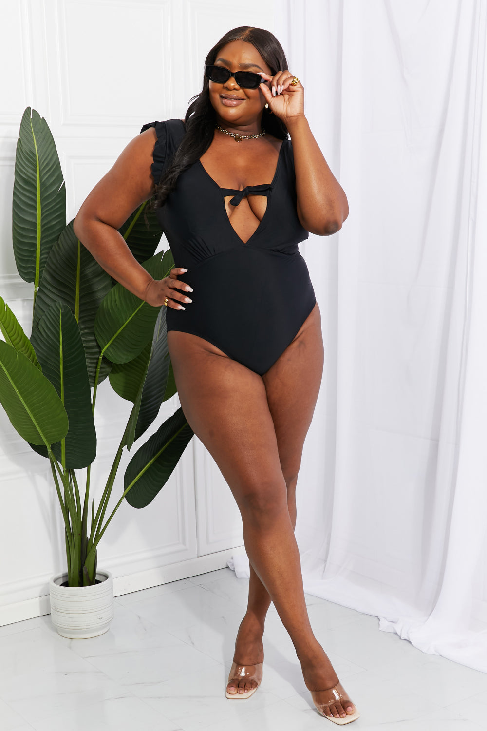 Marina West Swim Seashell Ruffle Sleeve One-Piece in Black - nailedmoms