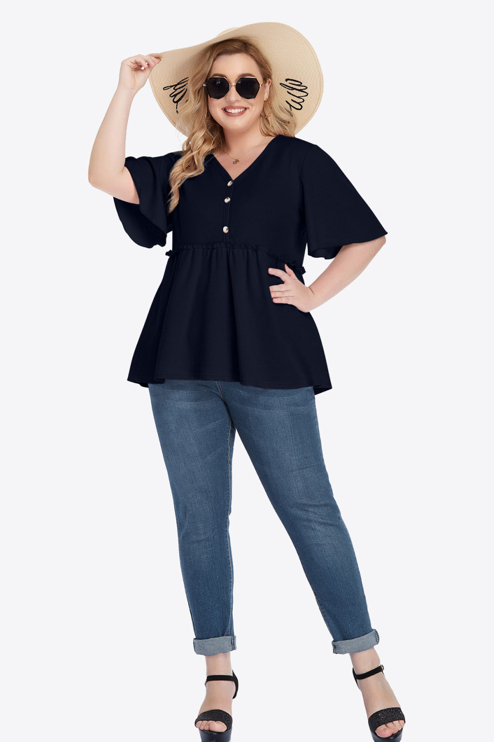 Plus Size Buttoned V-Neck Frill Trim Babydoll Blouse - nailedmoms