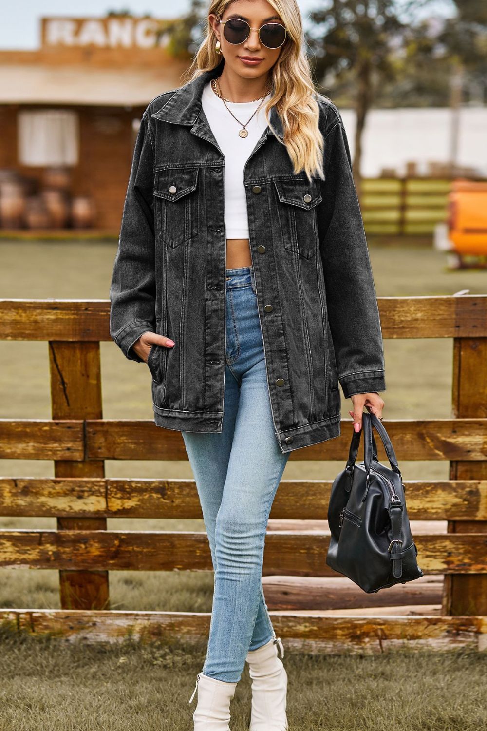 Buttoned Collared Neck Denim Jacket with Pockets - nailedmoms