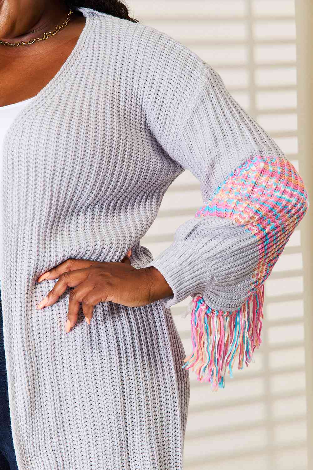 Woven Right Fringe Sleeve Dropped Shoulder Cardigan - nailedmoms