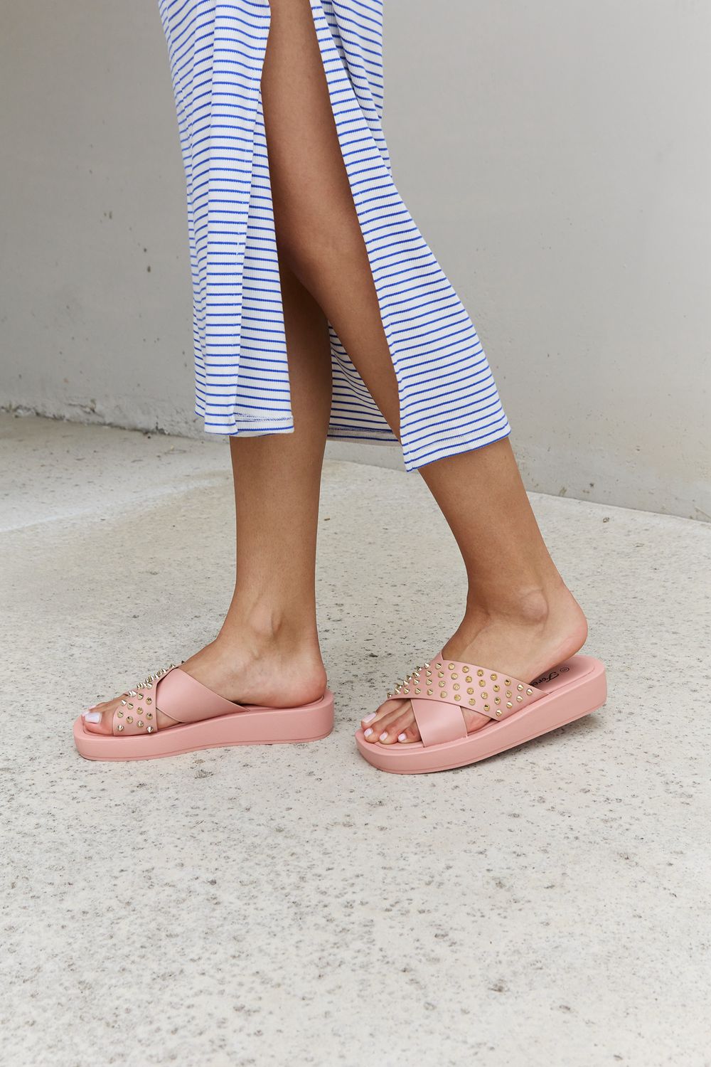 Forever Link Studded Cross Strap Sandals in Blush - nailedmoms