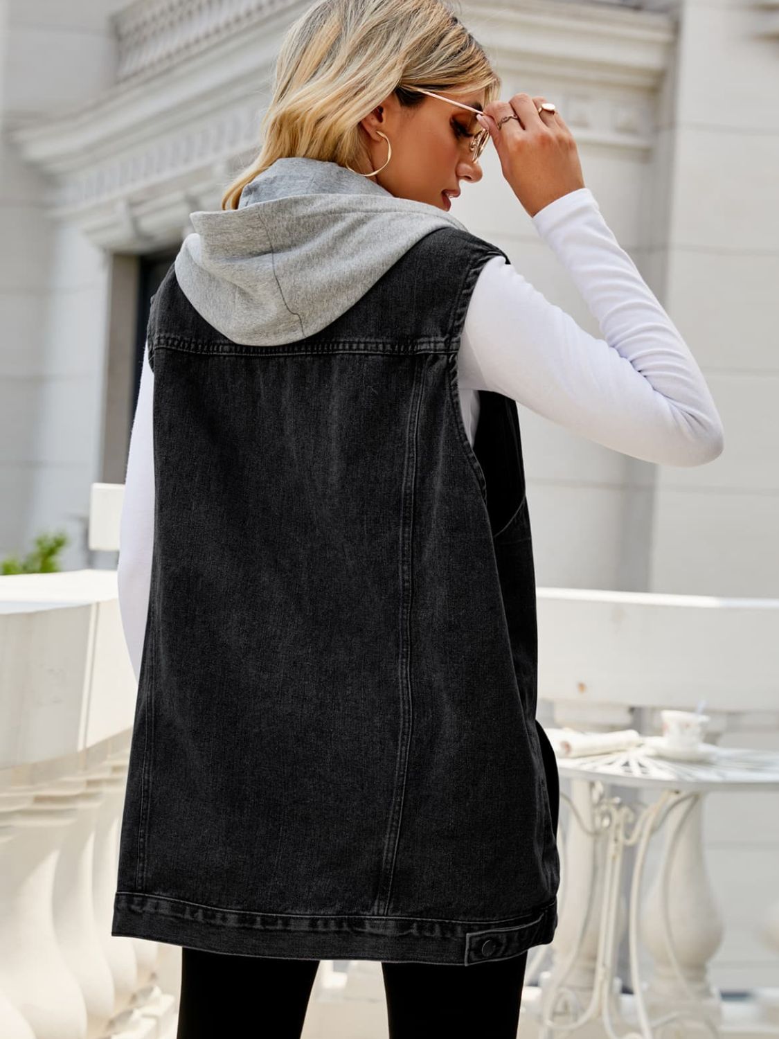 Drawstring Hooded Sleeveless Denim Top with Pockets - nailedmoms
