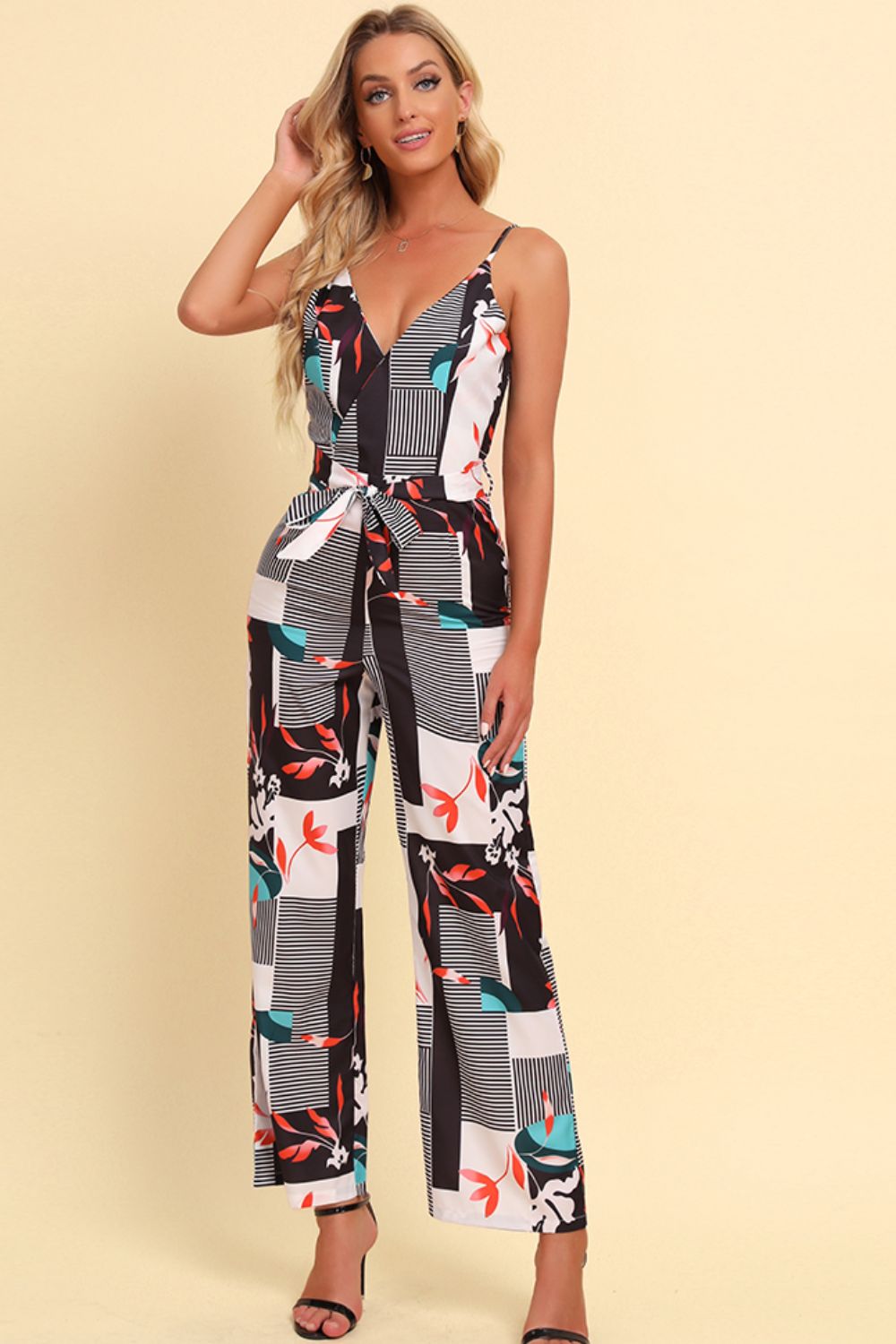 Printed Spaghetti Strap Tied Jumpsuit - nailedmoms