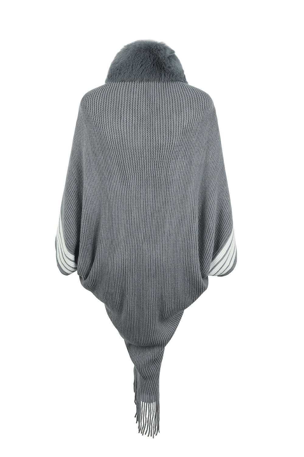 Striped Fringe Detail Long Sleeve Poncho - nailedmoms