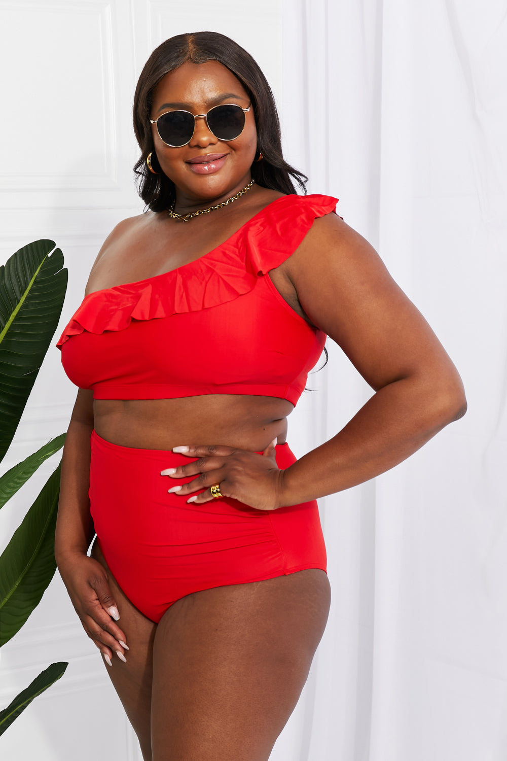 Marina West Swim Seaside Romance Ruffle One-Shoulder Bikini in Red - nailedmoms
