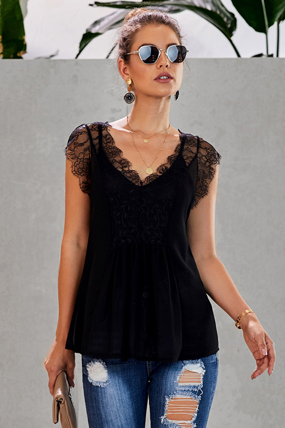 Eyelash Trim Spliced Lace V-Neck Tank - nailedmoms