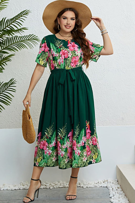 Floral Tie-Waist Round Neck Dress - nailedmoms