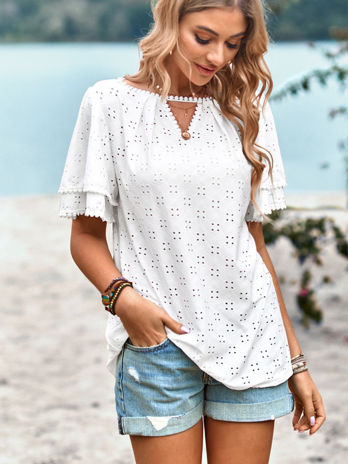 Eyelet Round Neck Puff Sleeve Blouse - nailedmoms