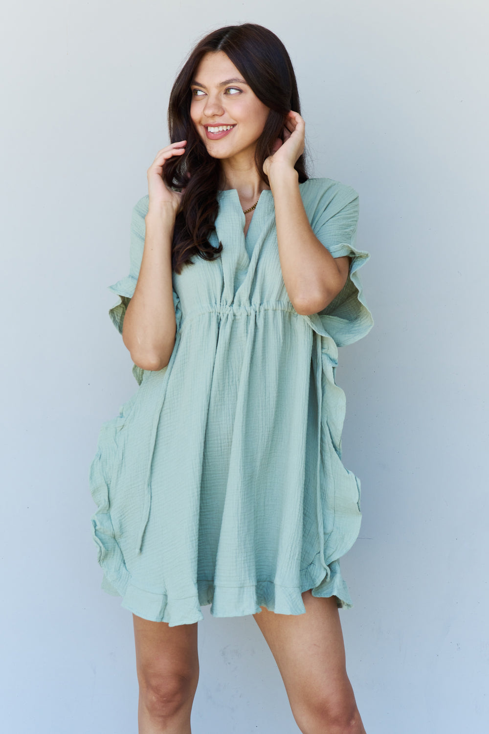 Ninexis Out Of Time Full Size Ruffle Hem Dress with Drawstring Waistband in Light Sage - nailedmoms