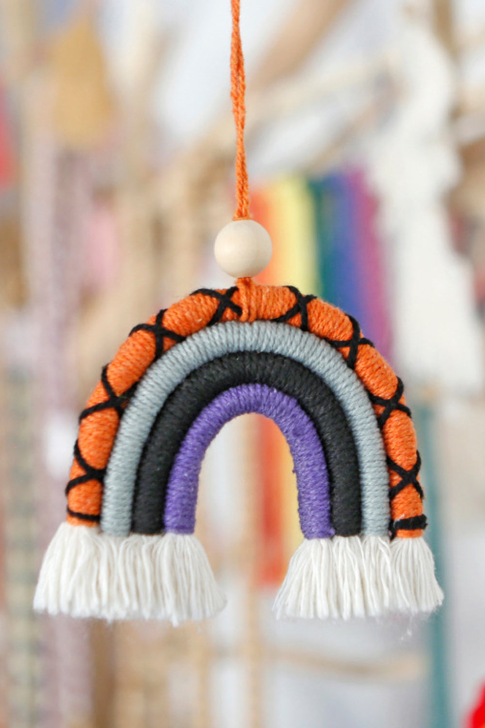 Fringe Macrame Rainbow Shape Wood Bead Cotton Keychain - nailedmoms