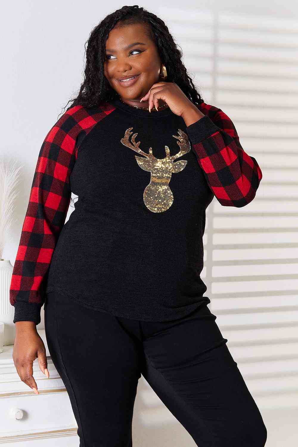 Heimish Full Size Sequin Reindeer Graphic Plaid Top - nailedmoms