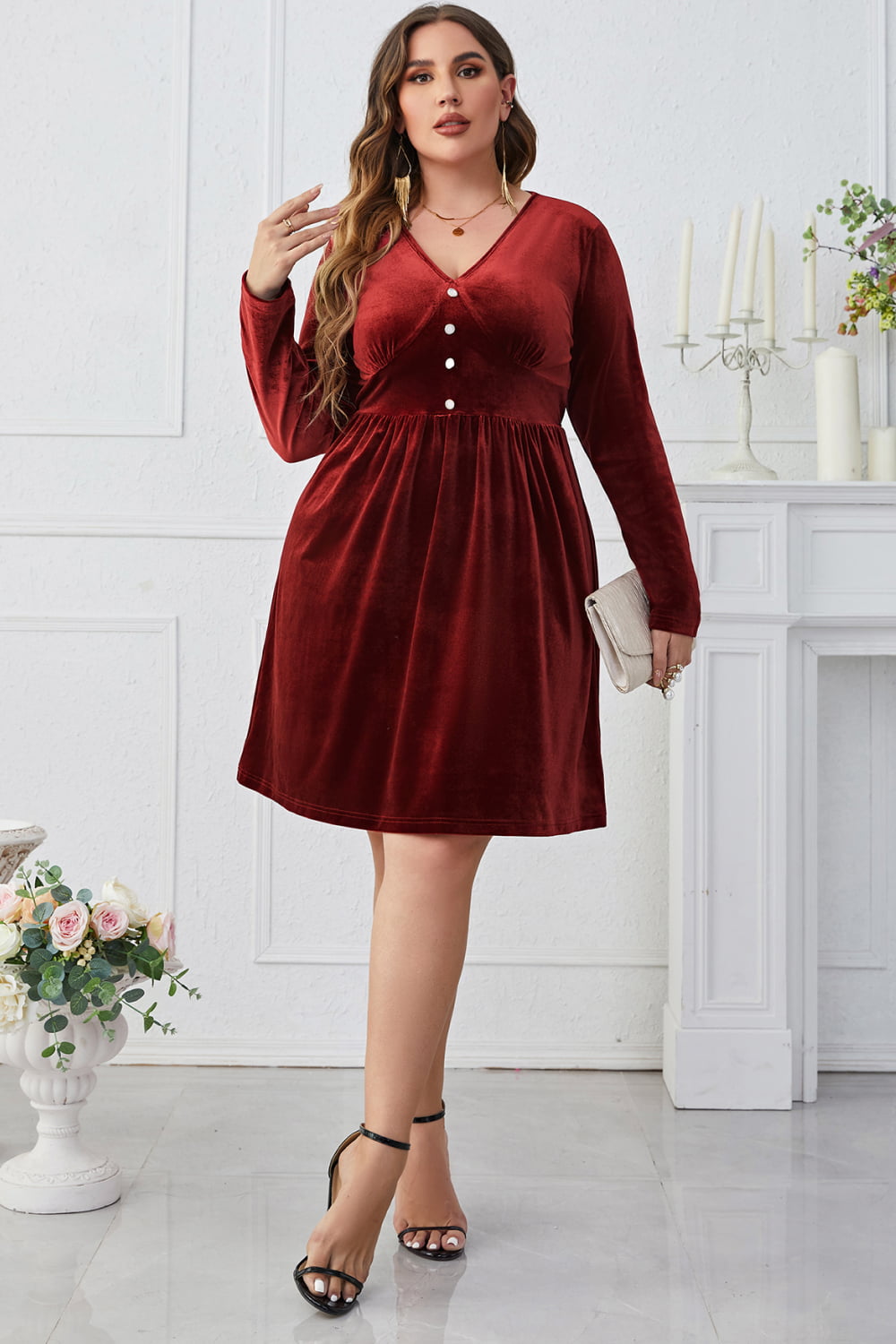 Melo Apparel Plus Size V-Neck Decorative Button Knee Length Dress - nailedmoms