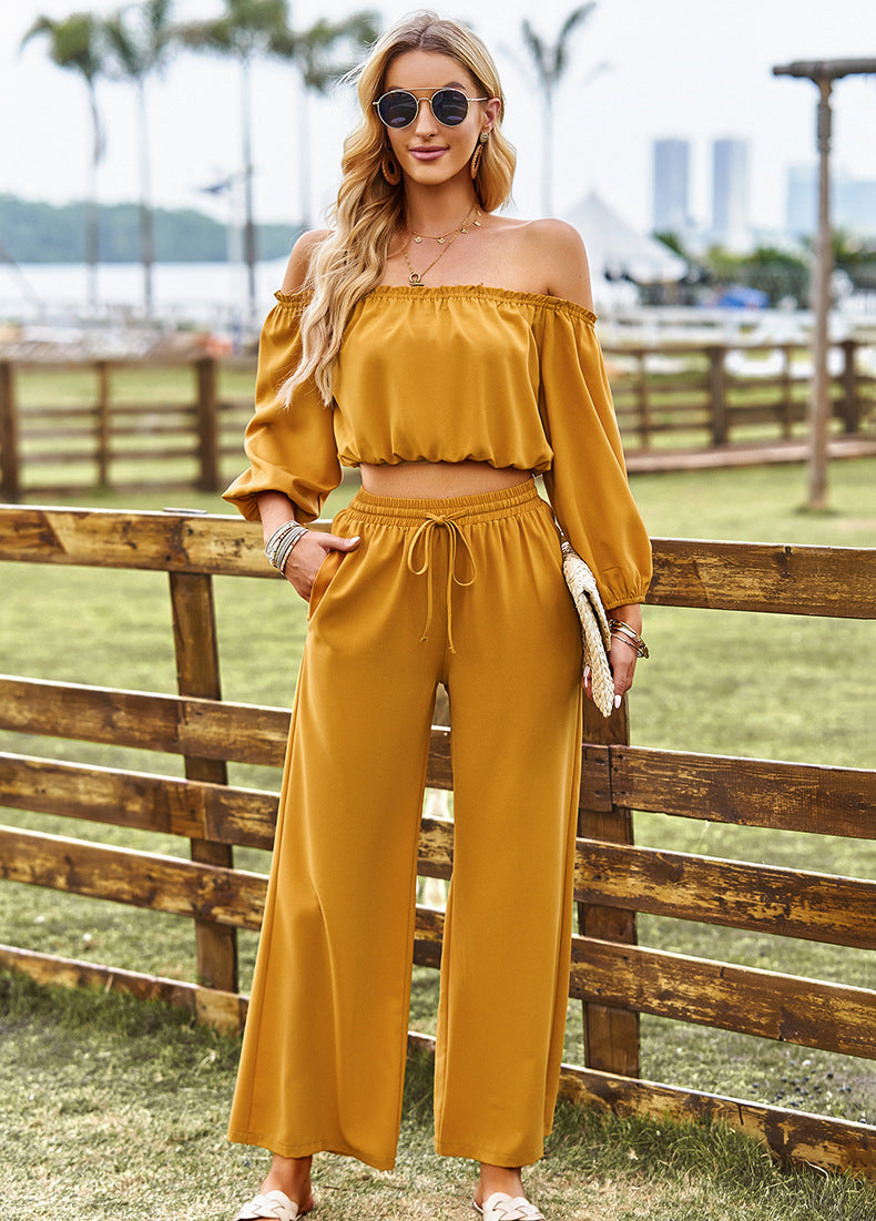 Off-Shoulder Blouse and Drawstring Waist Pants Set - nailedmoms