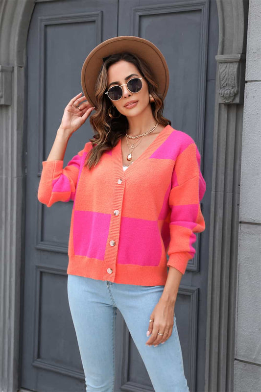 Plaid V-Neck Dropped Shoulder Cardigan - nailedmoms