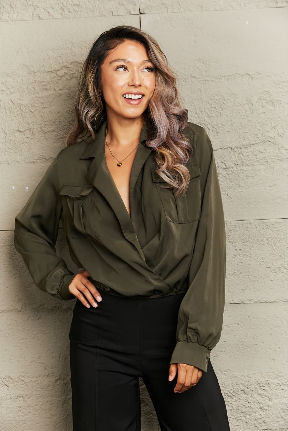 Lapel Collar Long Sleeve Blouse - nailedmoms