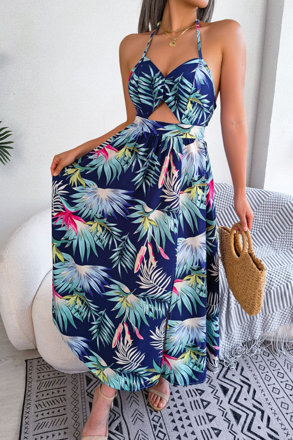 Botanical Print Tied Backless Cutout Slit Dress - nailedmoms