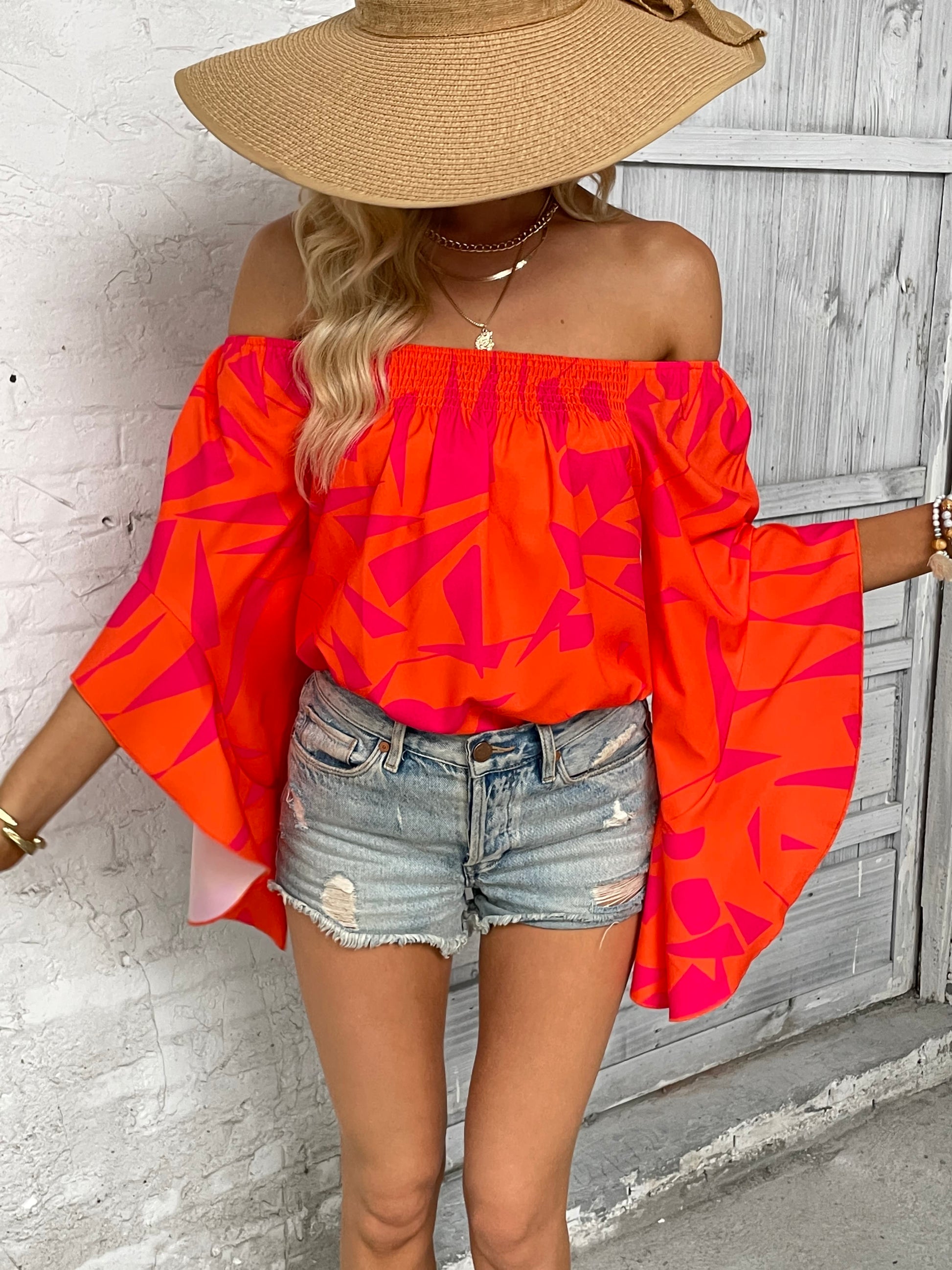 Printed Off-Shoulder Bell Sleeve Blouse - nailedmoms