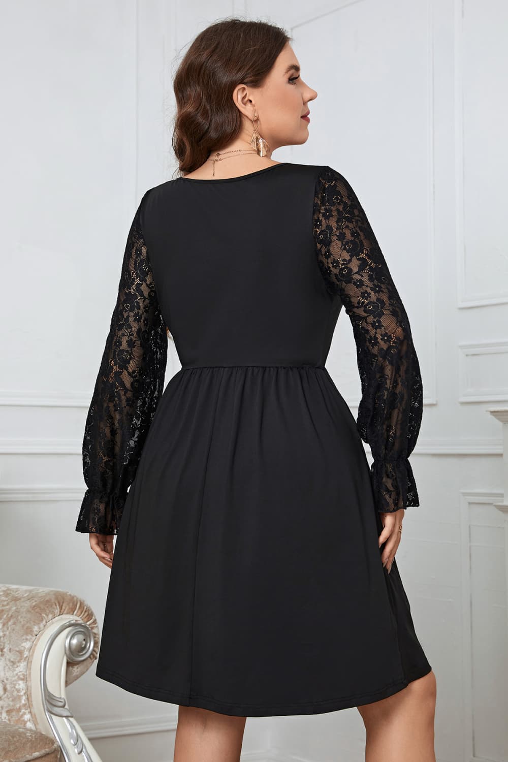 Melo Apparel Plus Size Lace Trim Round Neck Flounce Sleeve Dress - nailedmoms