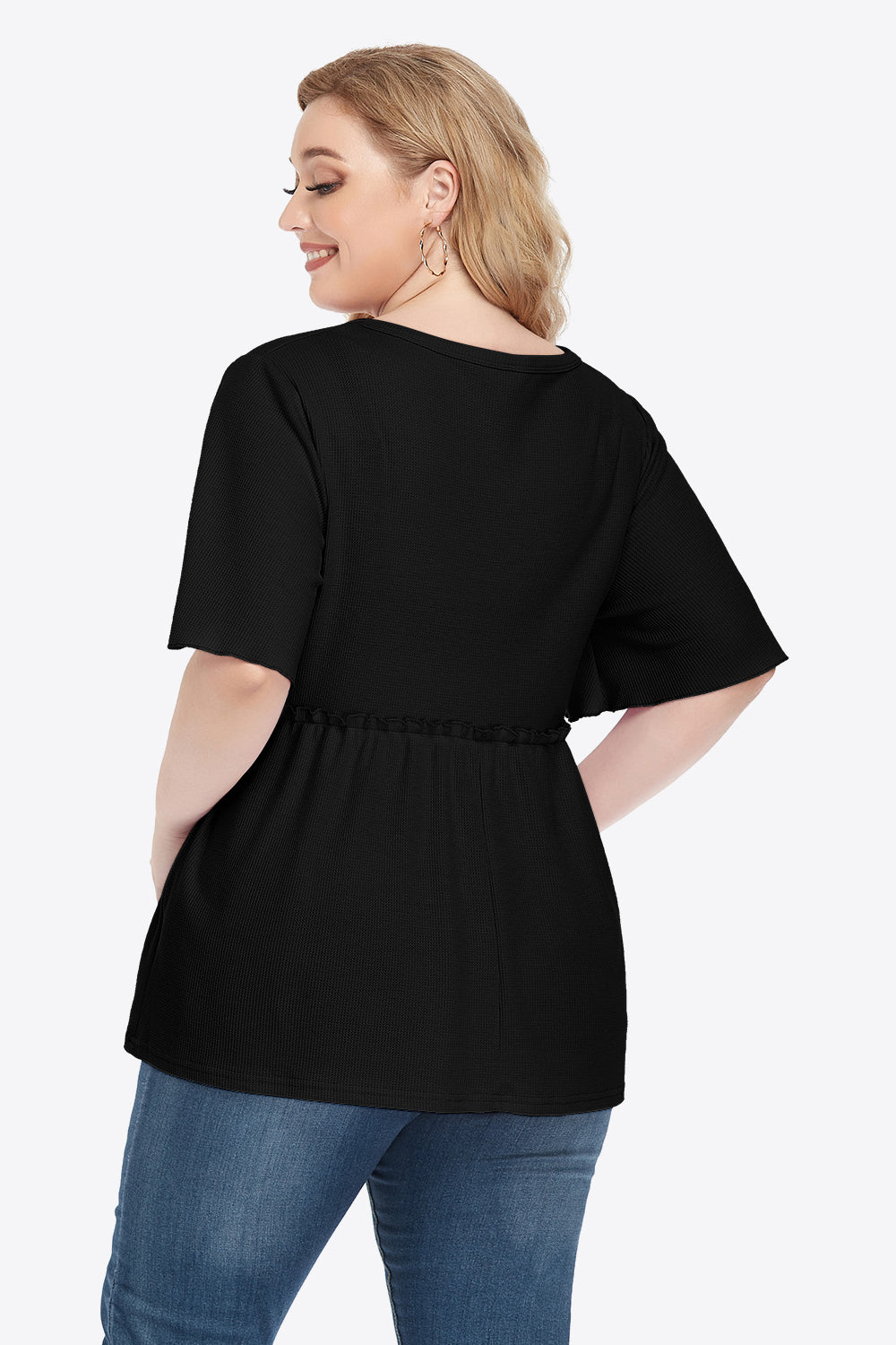 Plus Size Buttoned V-Neck Frill Trim Babydoll Blouse - nailedmoms