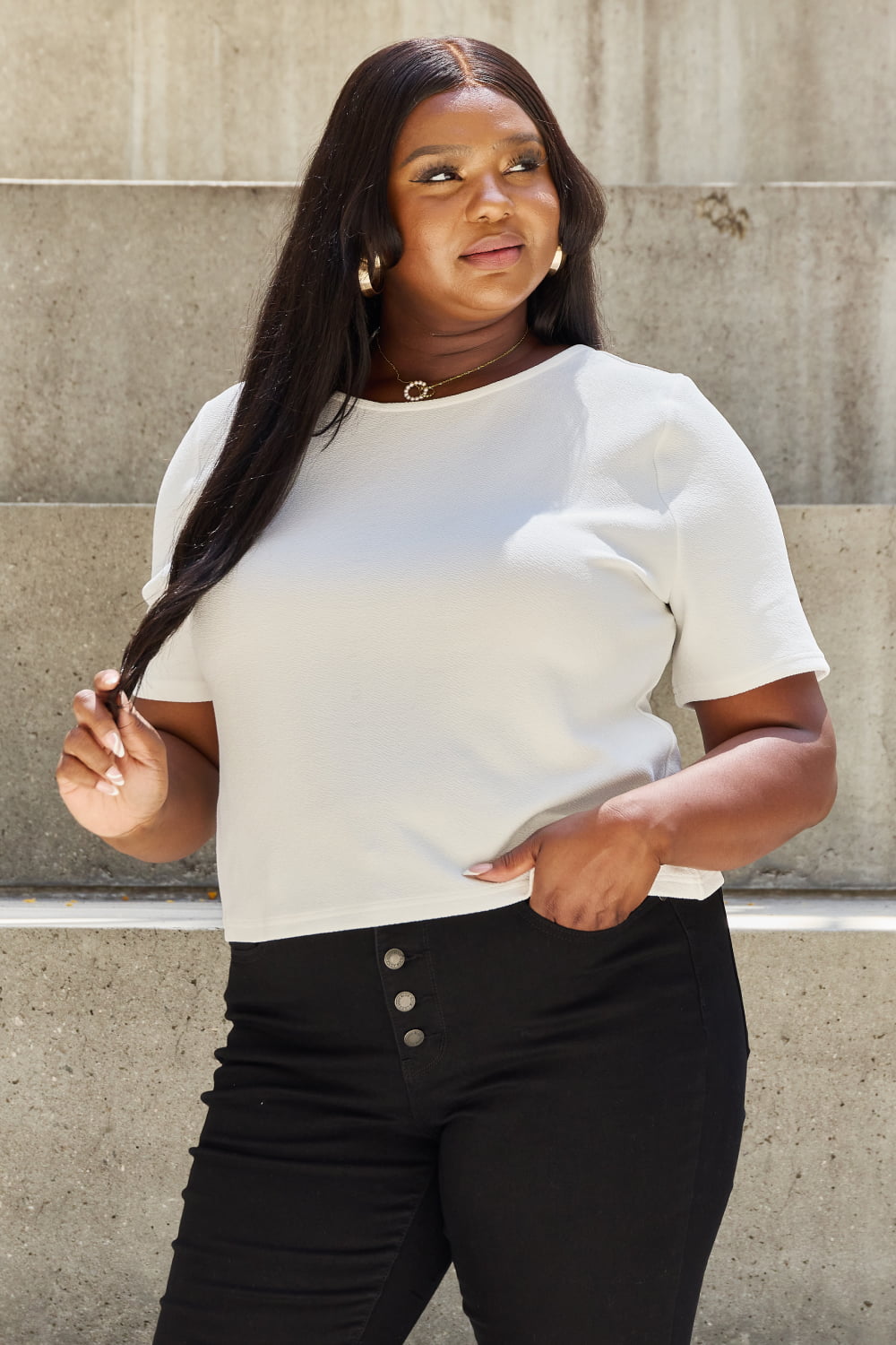 And The Why Pearly White Full Size Criss Cross Pearl Detail Open Back T-Shirt - nailedmoms