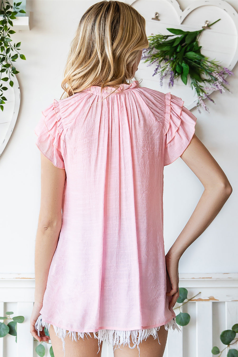 Tie-Neck Flutter Sleeve Blouse - nailedmoms