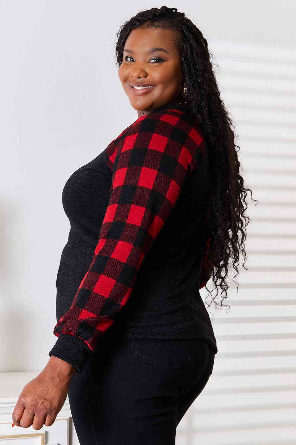Heimish Full Size Sequin Reindeer Graphic Plaid Top - nailedmoms