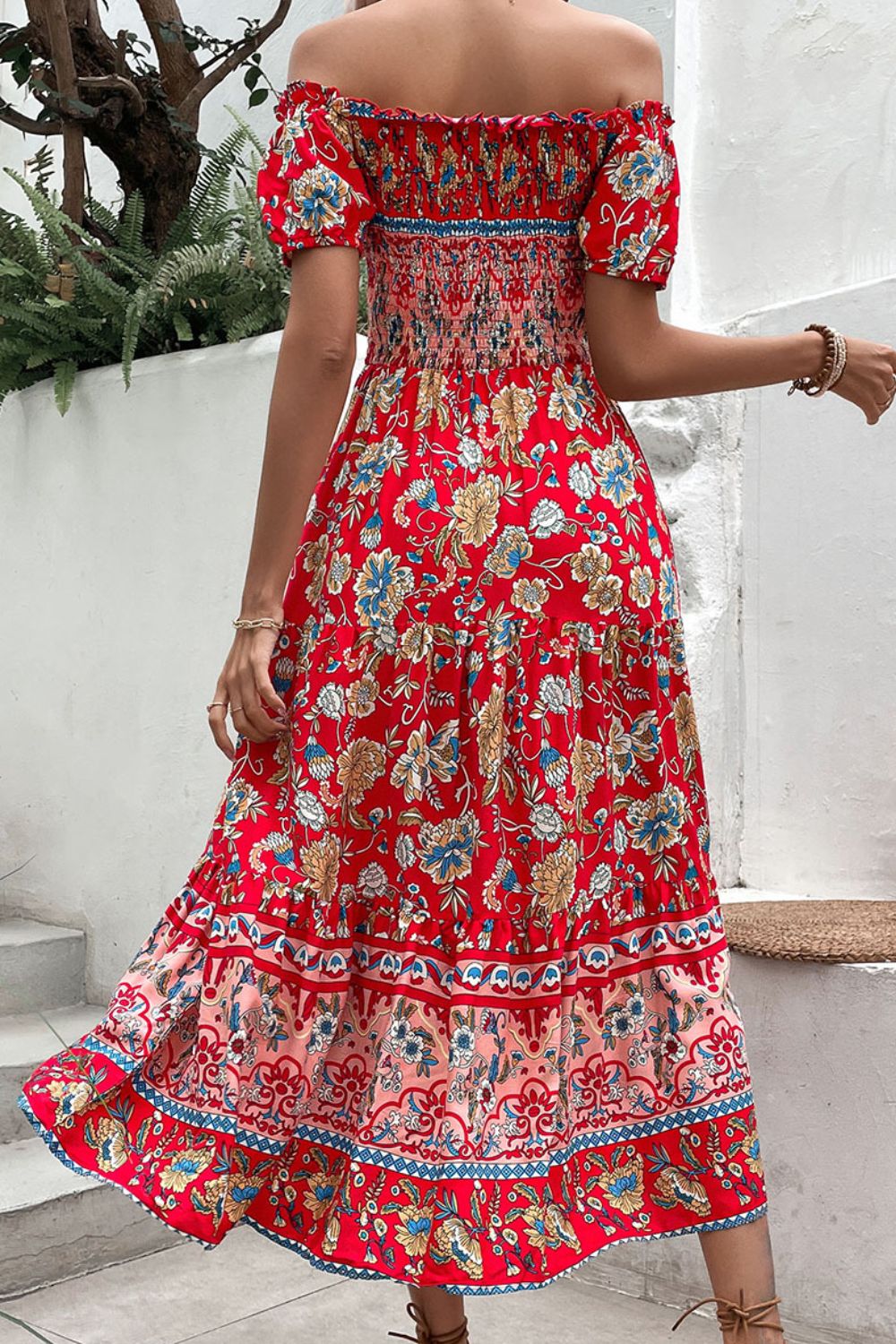 Floral Off-Shoulder Smocked Midi Dress - nailedmoms