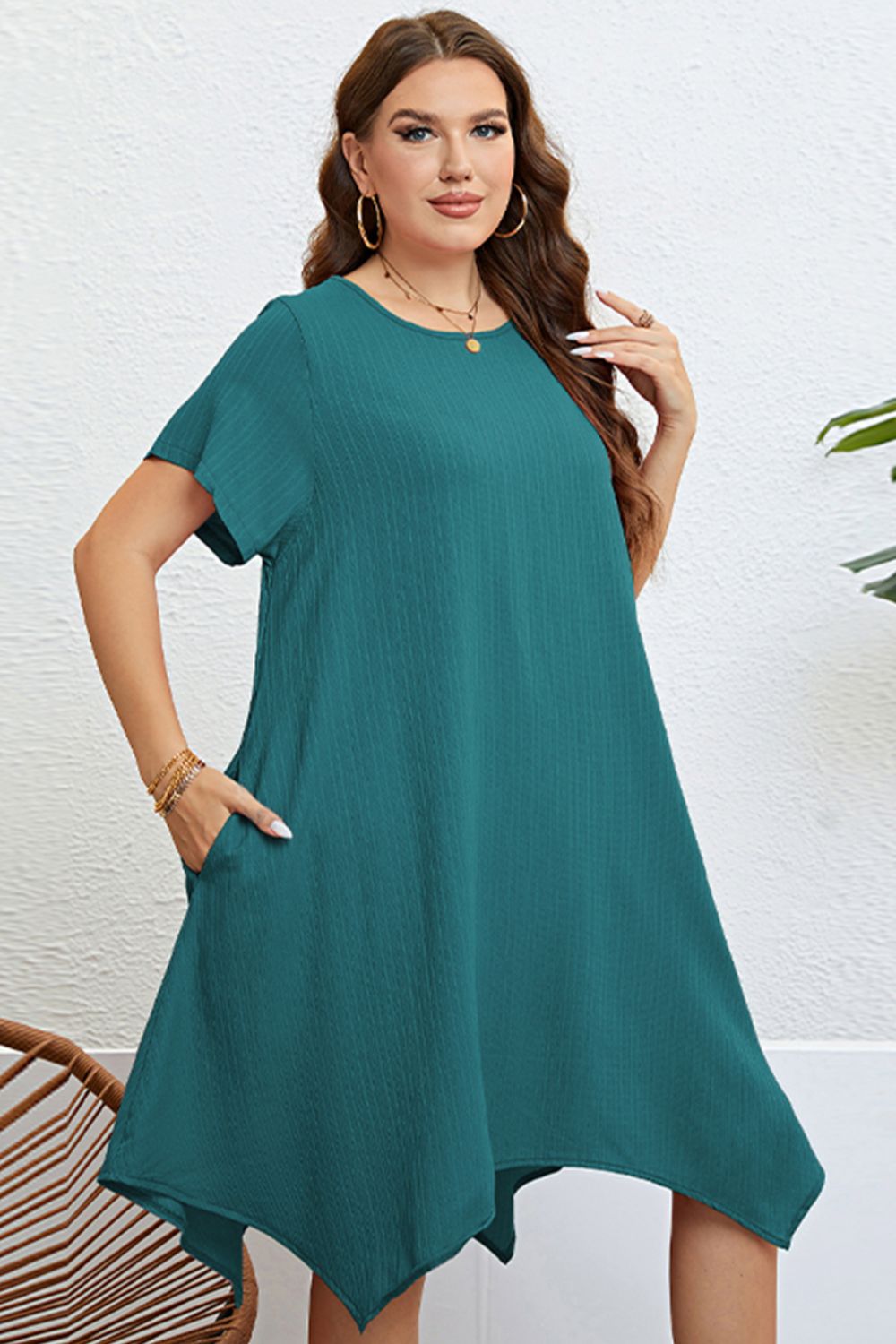 Plus Size Round Neck Handkerchief Hem Dress - nailedmoms