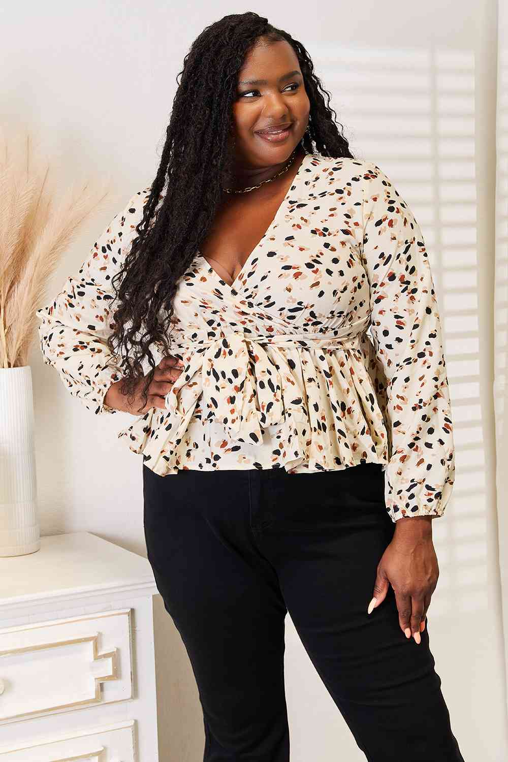 Double Take Printed Tied Plunge Peplum Blouse - nailedmoms