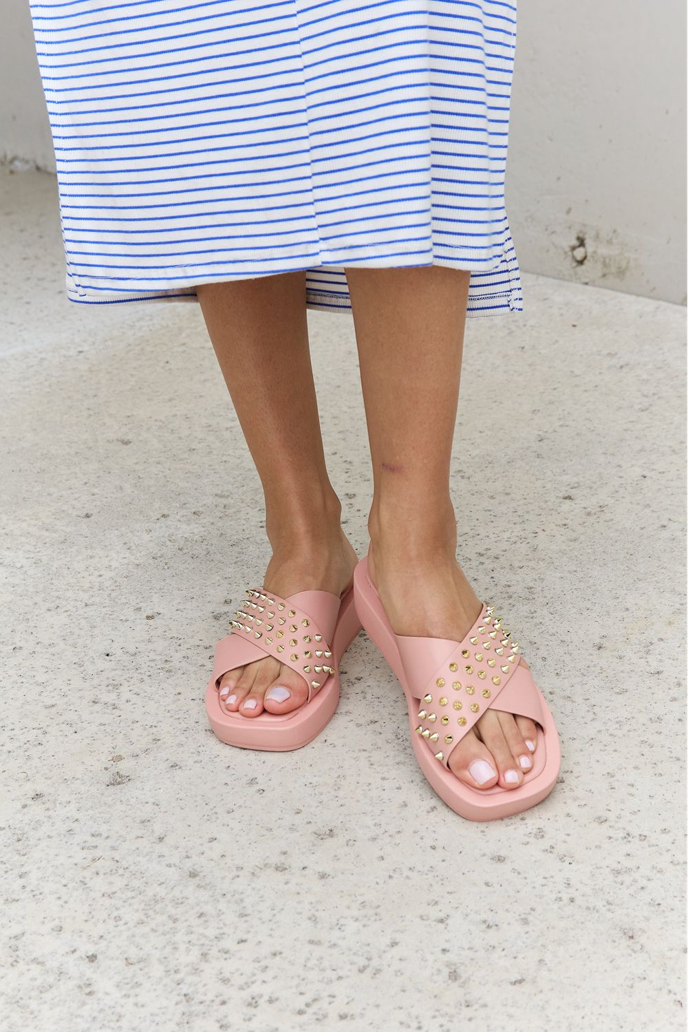 Forever Link Studded Cross Strap Sandals in Blush - nailedmoms