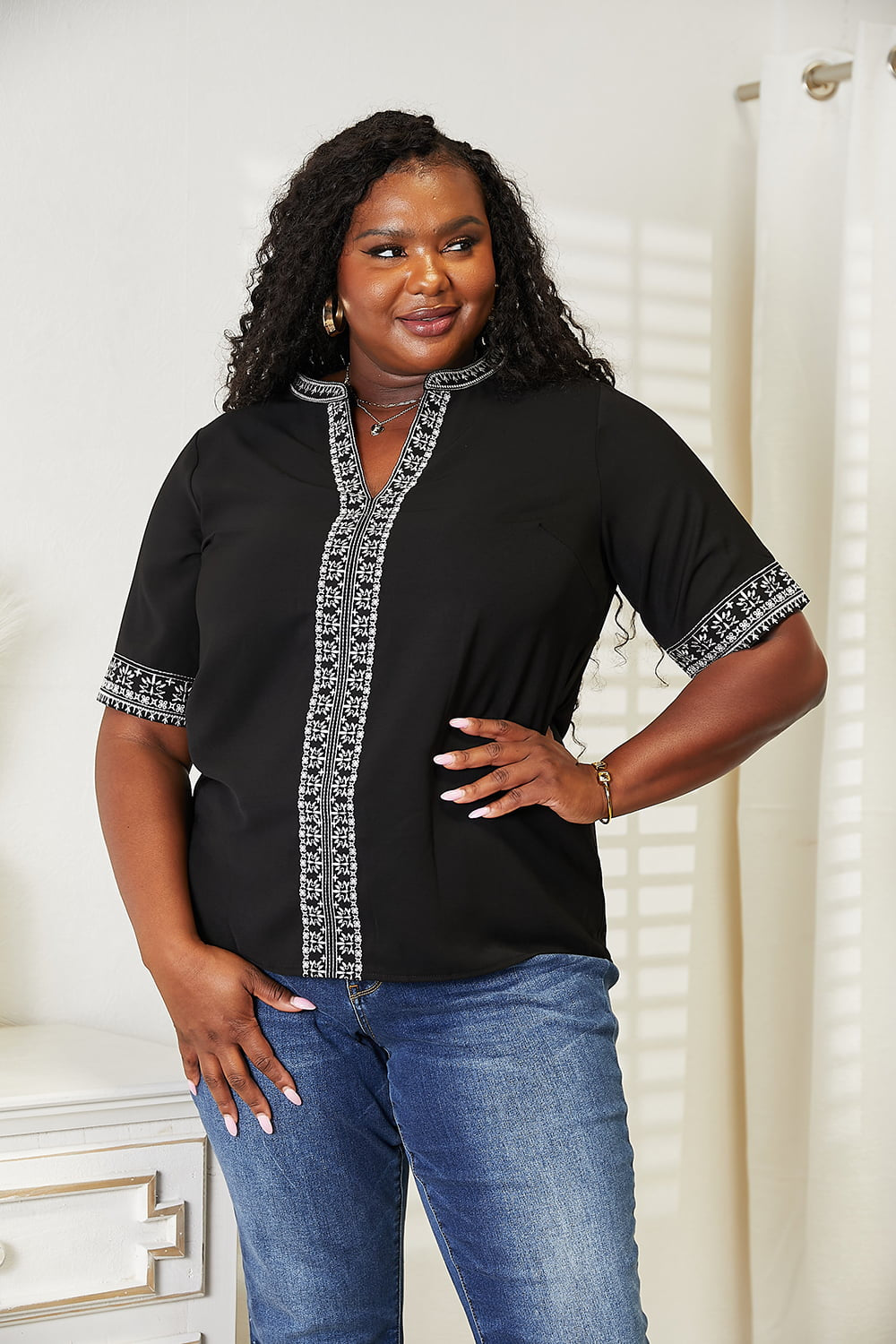 Double Take Embroidered Notched Neck Top - nailedmoms