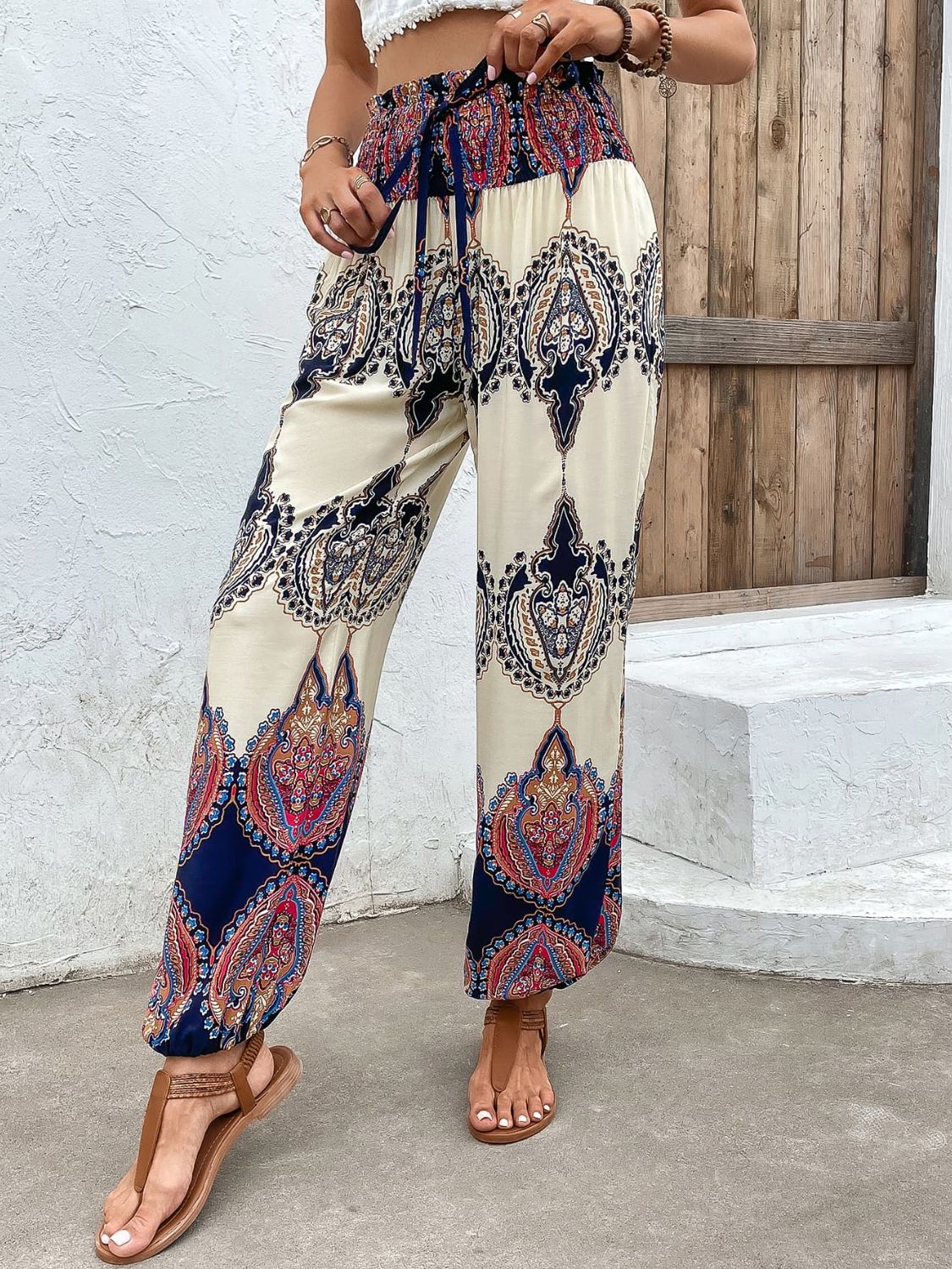 Printed Smocked High Waist Pants - nailedmoms