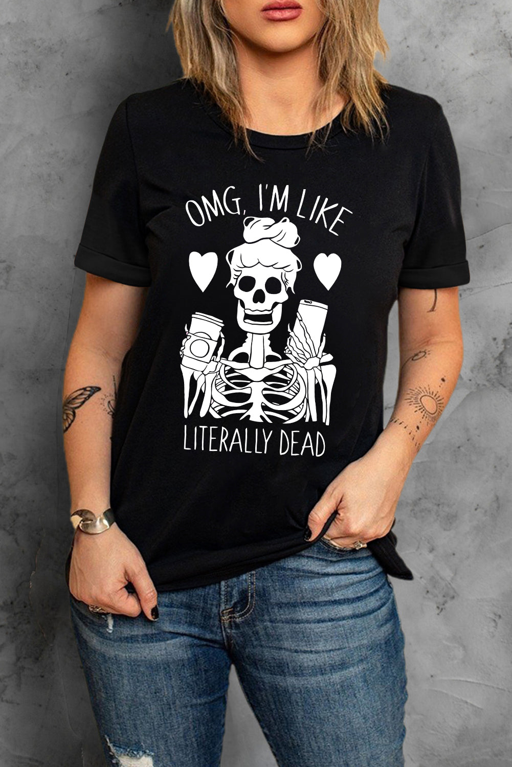 Halloween Skeleton Graphic Round Neck Tee - nailedmoms