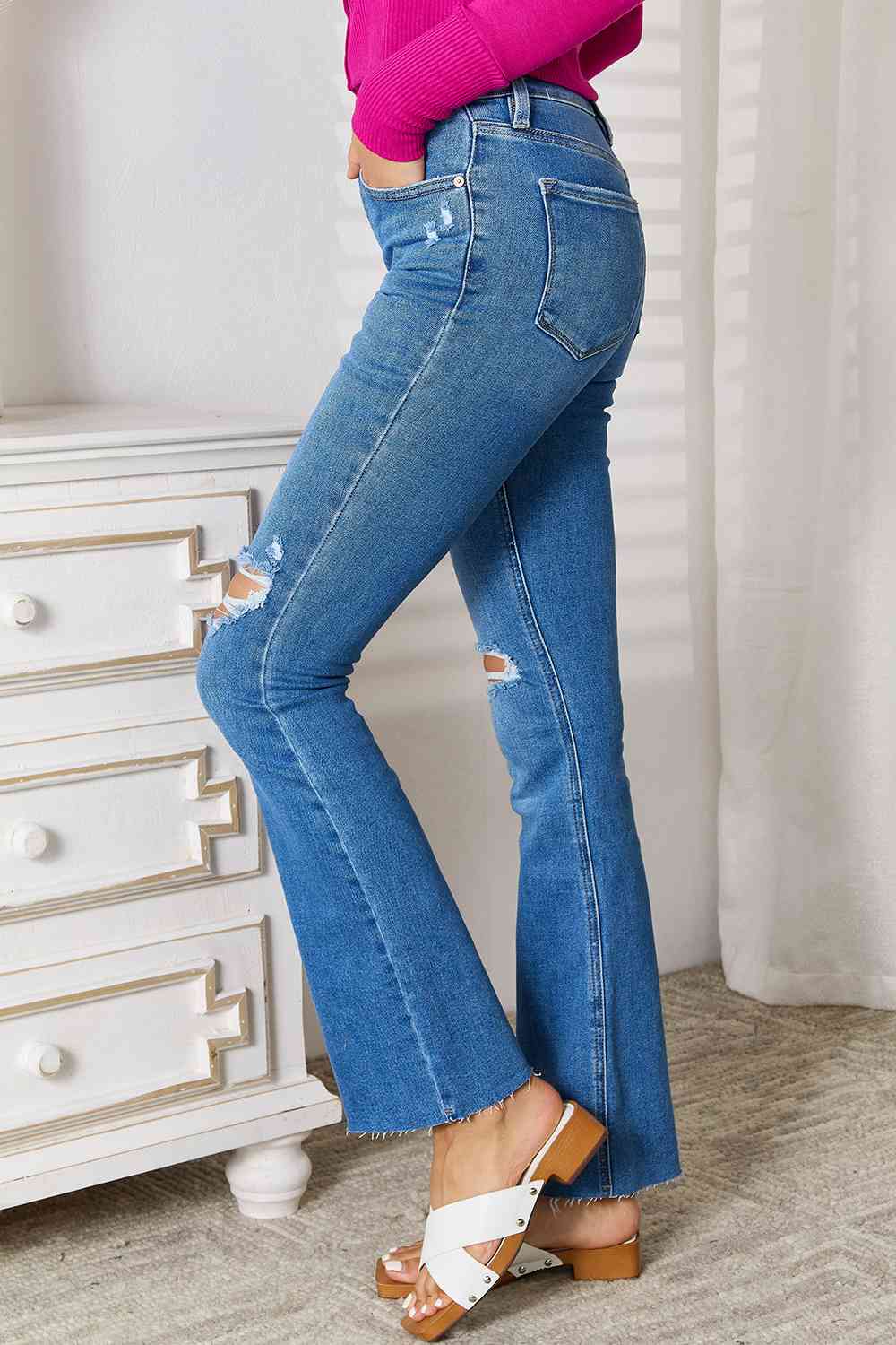 Kancan Full Size Distressed Raw Hem Bootcut Jeans - nailedmoms