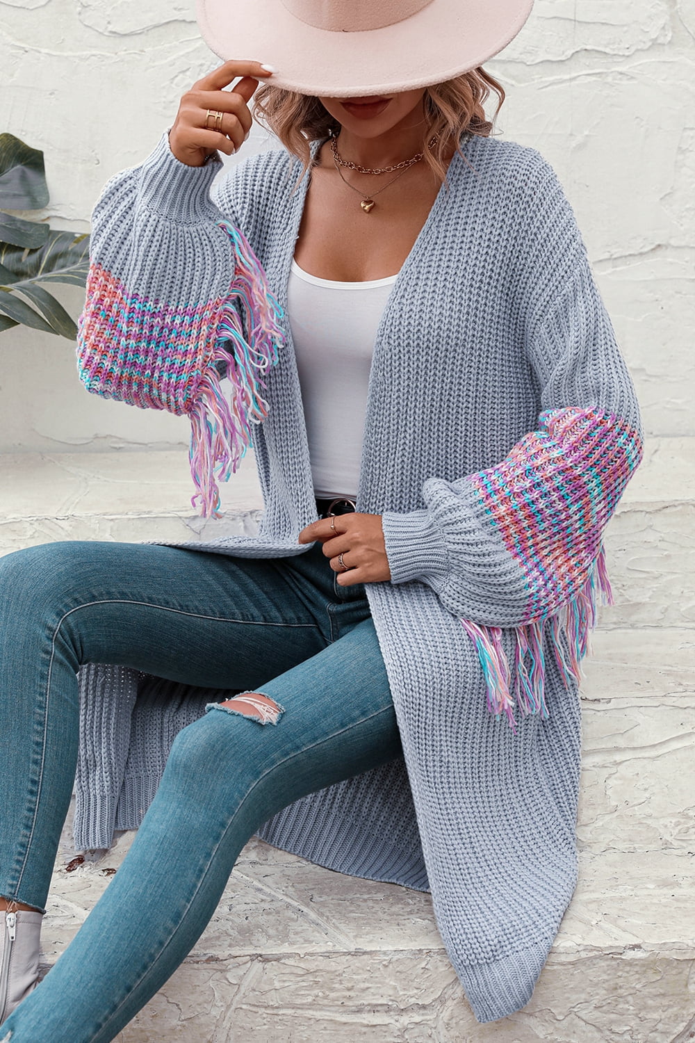 Fringe Sleeve Dropped Shoulder Cardigan - nailedmoms