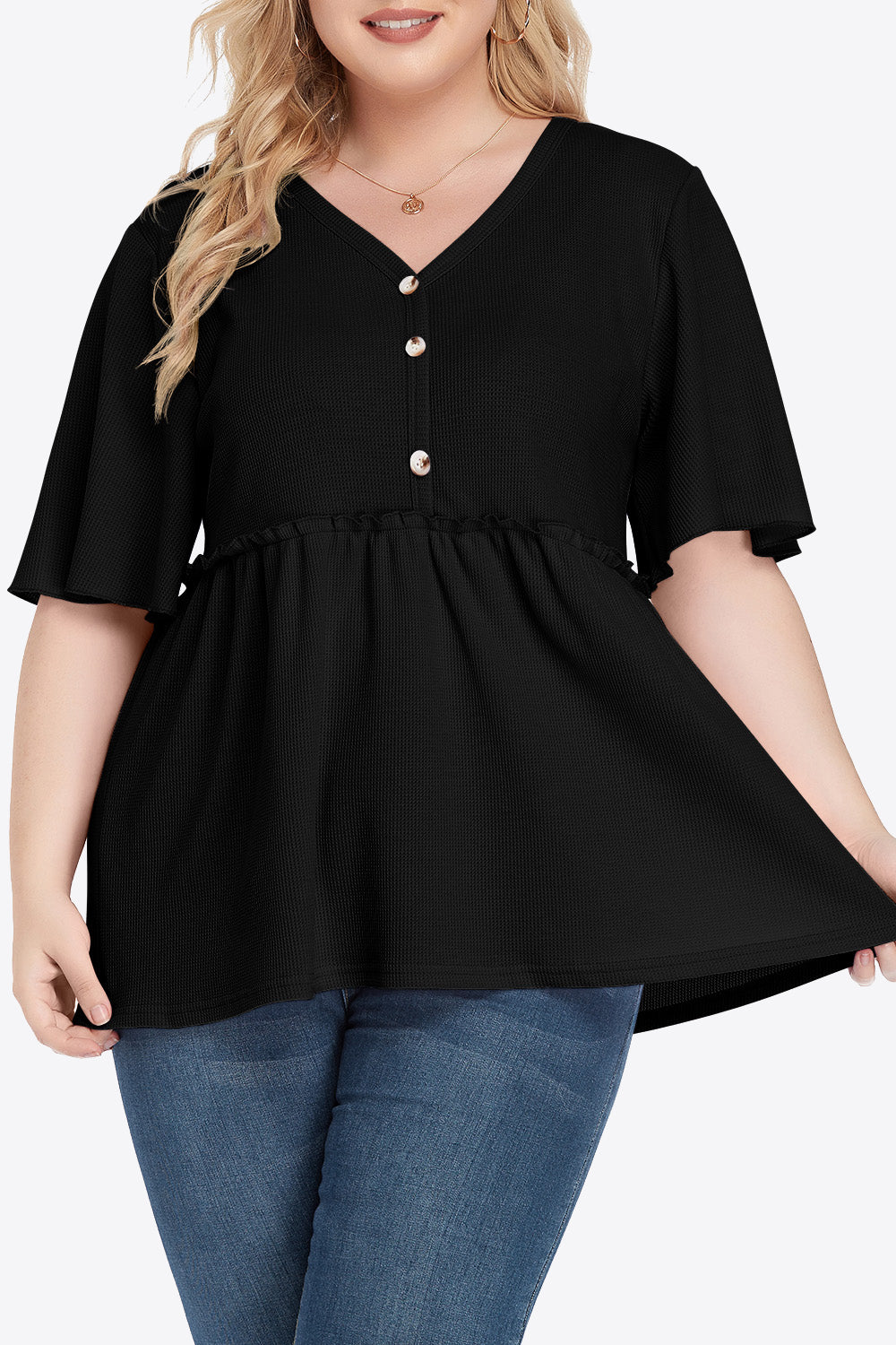 Plus Size Buttoned V-Neck Frill Trim Babydoll Blouse - nailedmoms