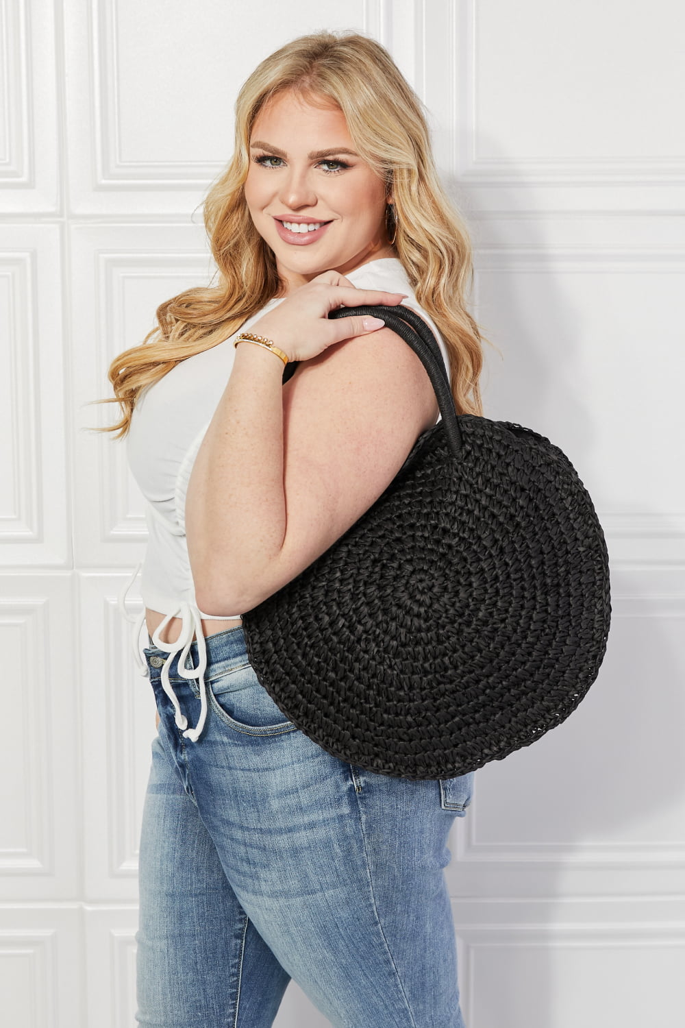 Justin Taylor Beach Date Straw Rattan Handbag in Black - nailedmoms