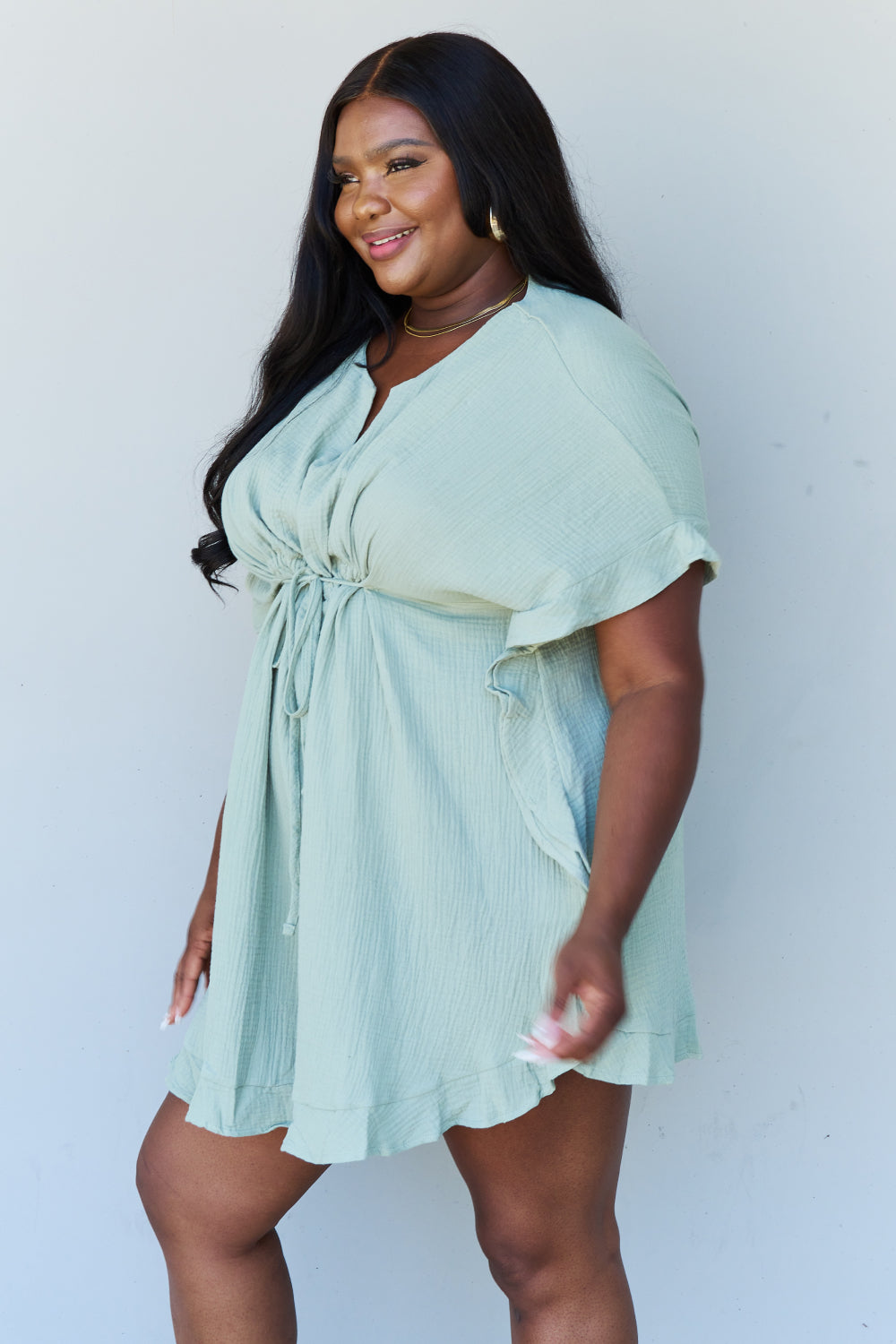Ninexis Out Of Time Full Size Ruffle Hem Dress with Drawstring Waistband in Light Sage - nailedmoms