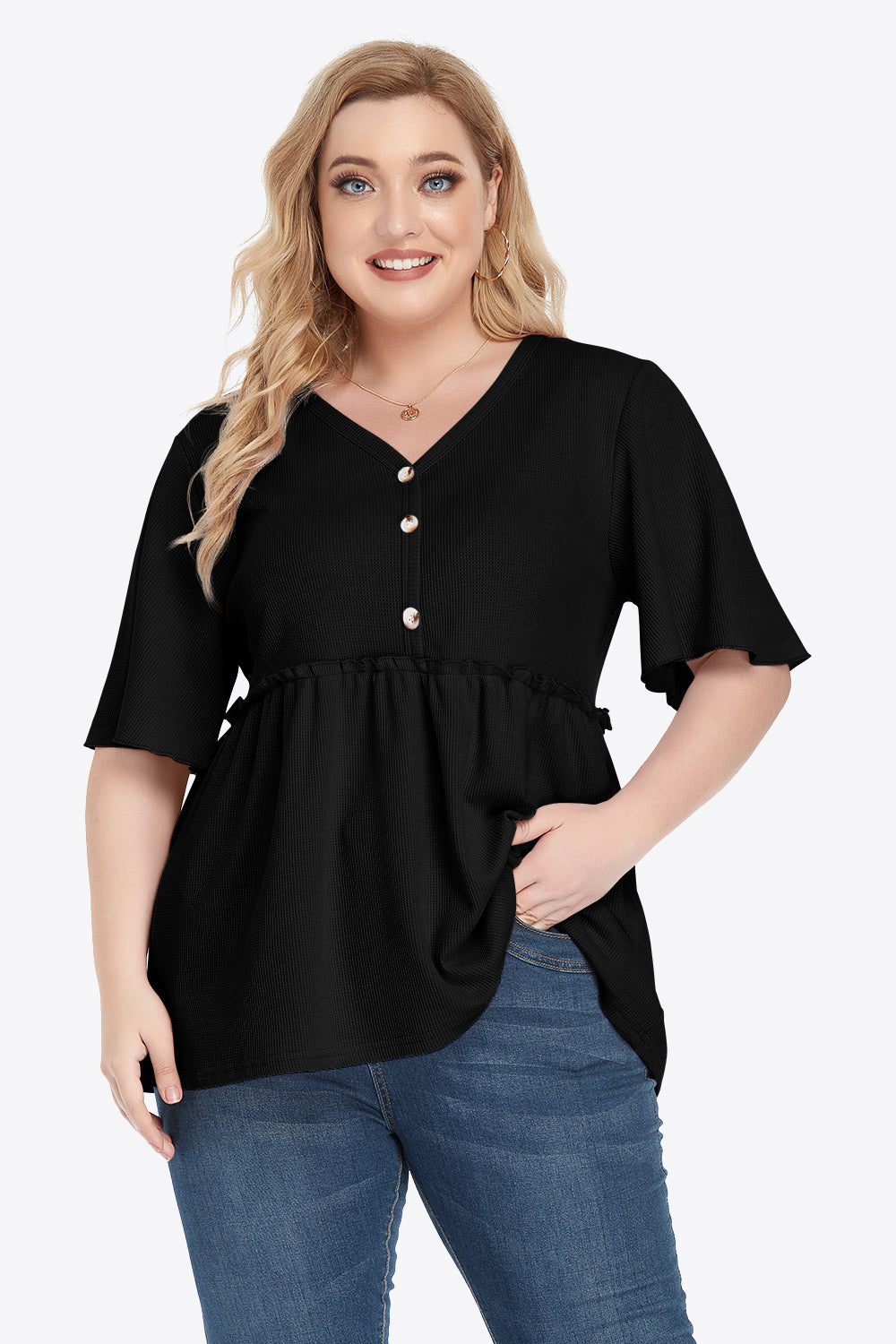Plus Size Buttoned V-Neck Frill Trim Babydoll Blouse - nailedmoms