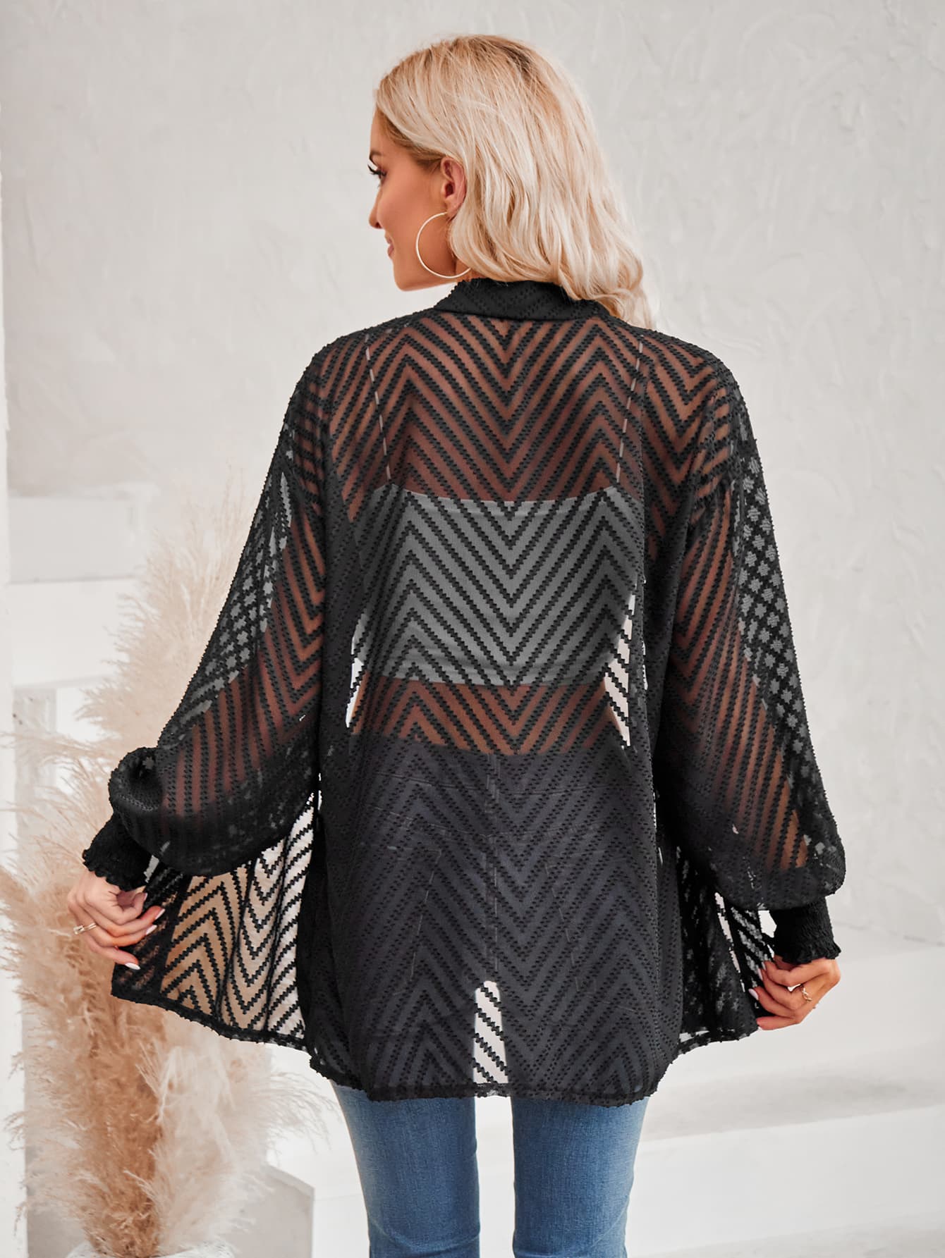 Lantern Sleeve Open Front Sheer Cardigan - nailedmoms