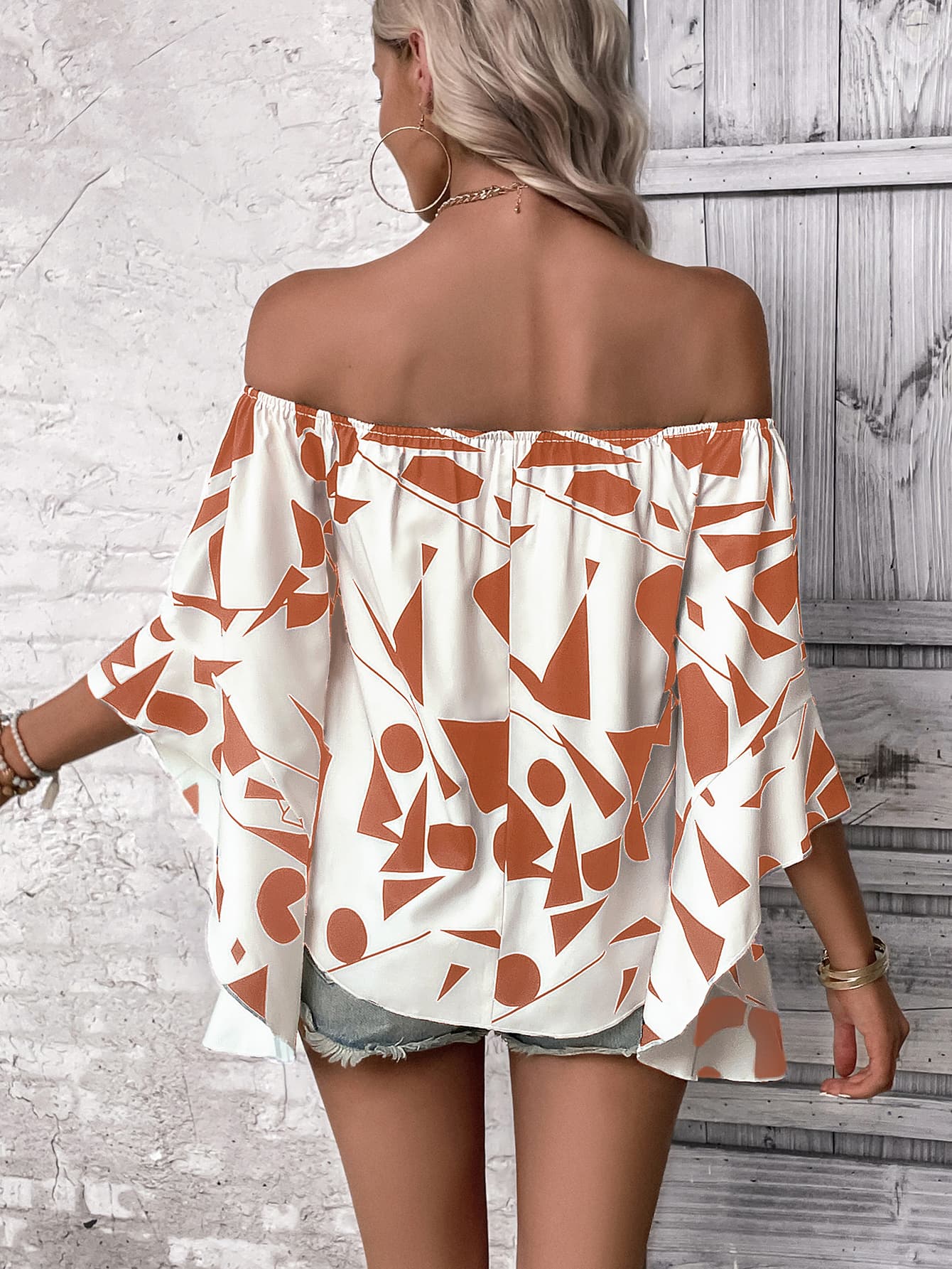 Printed Off-Shoulder Bell Sleeve Blouse - nailedmoms