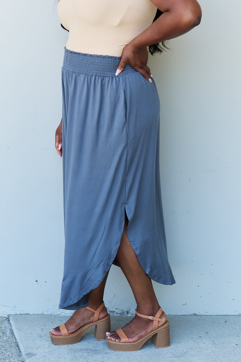 Doublju Comfort Princess Full Size High Waist Scoop Hem Maxi Skirt in Dusty Blue - nailedmoms