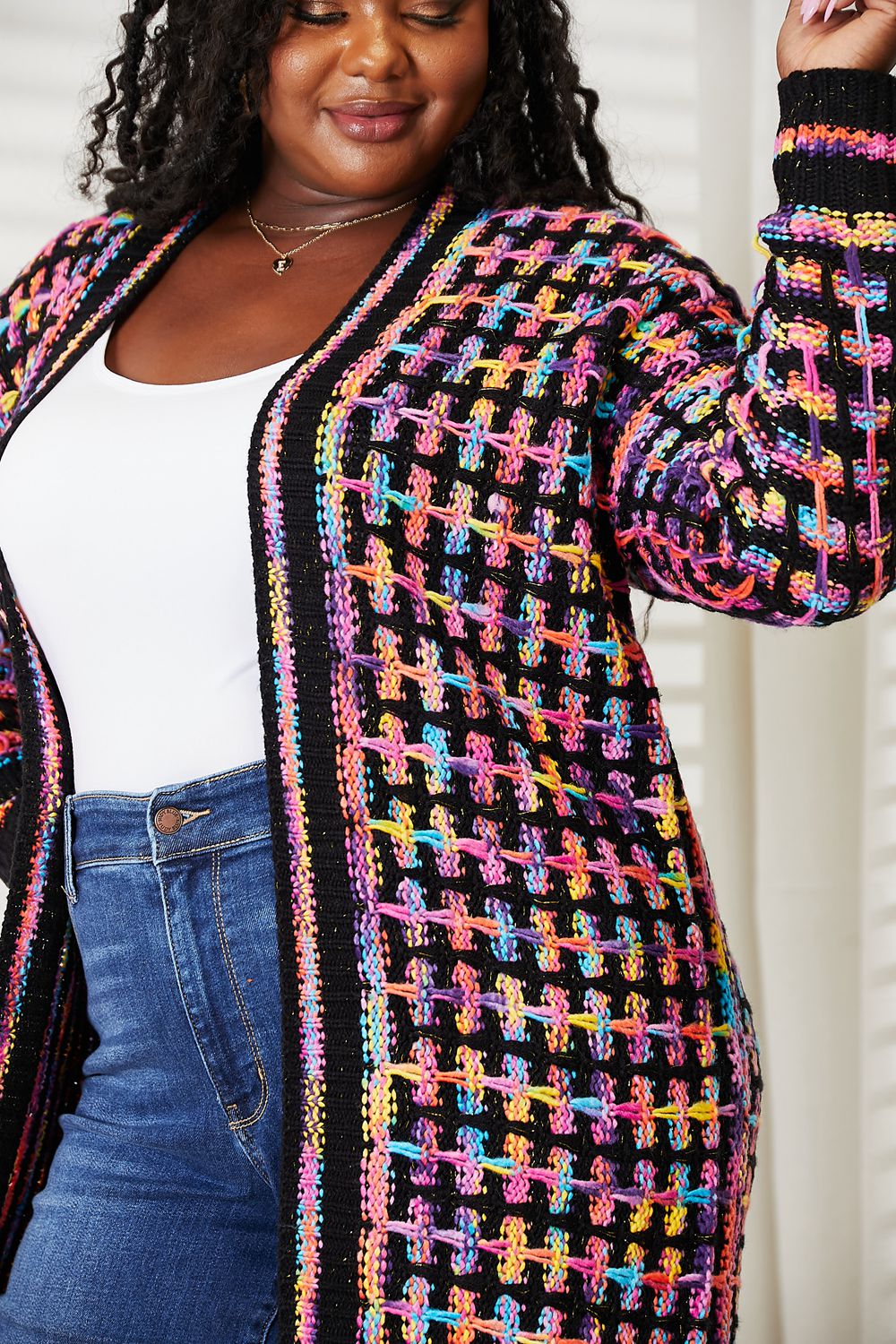 Double Take Full Size Multicolored Open Front Fringe Hem Cardigan - nailedmoms